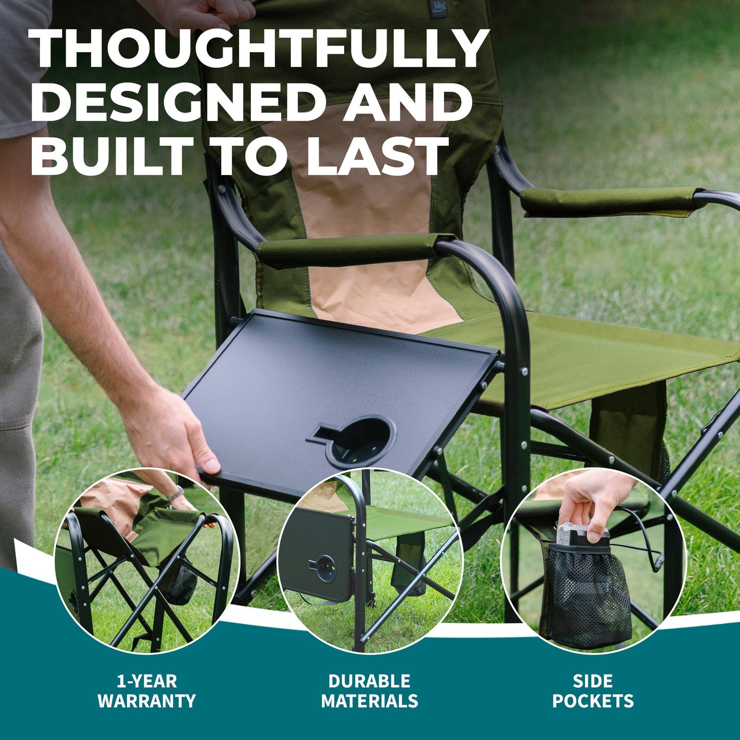 Bliss Hammocks 24V Heated Seat, Folding Chair w/Battery & 3 Heat Settings, Green