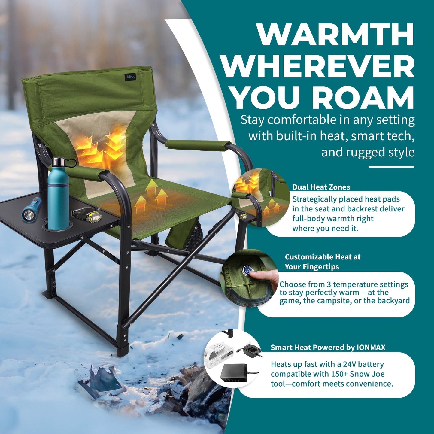Bliss Hammocks 24V Heated Seat, Folding Chair w/Battery & 3 Heat Settings, Green