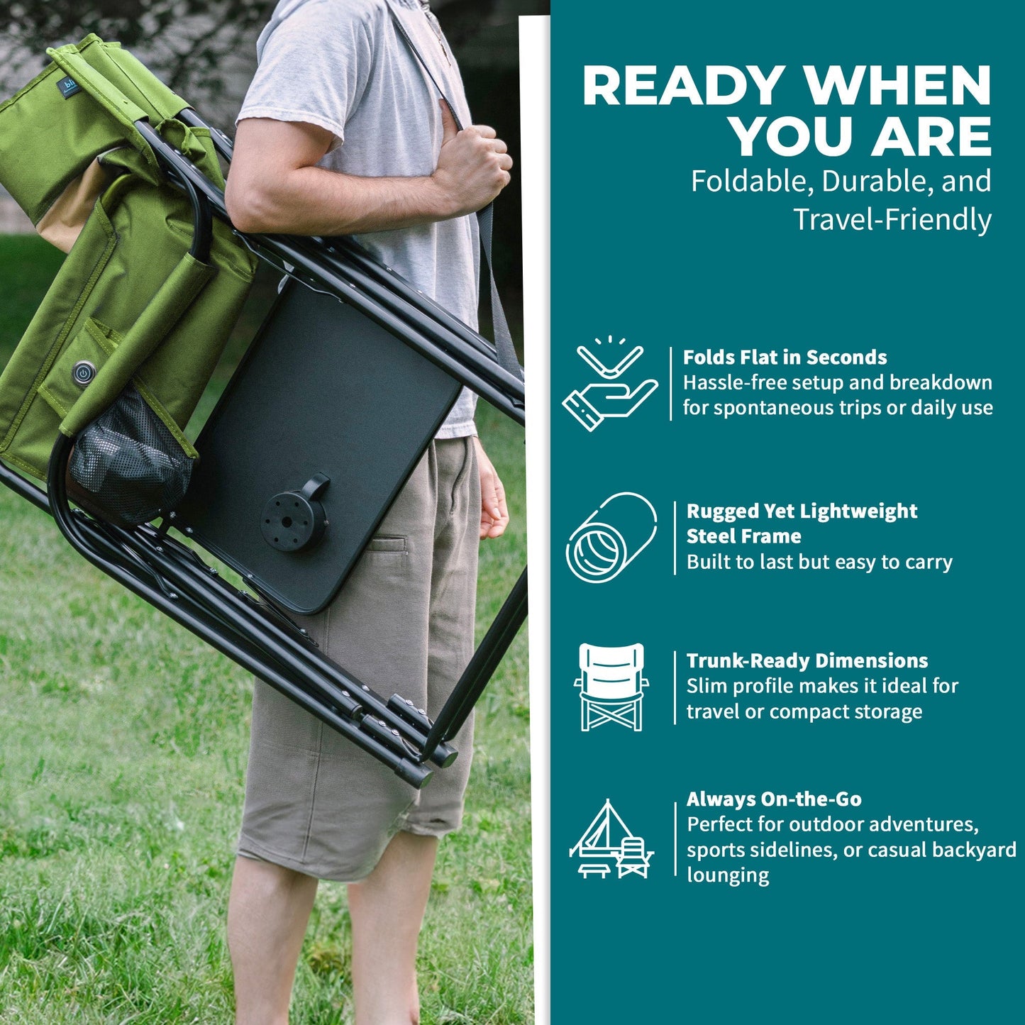 Bliss Hammocks 24V Heated Seat, Folding Chair w/Battery & 3 Heat Settings, Green