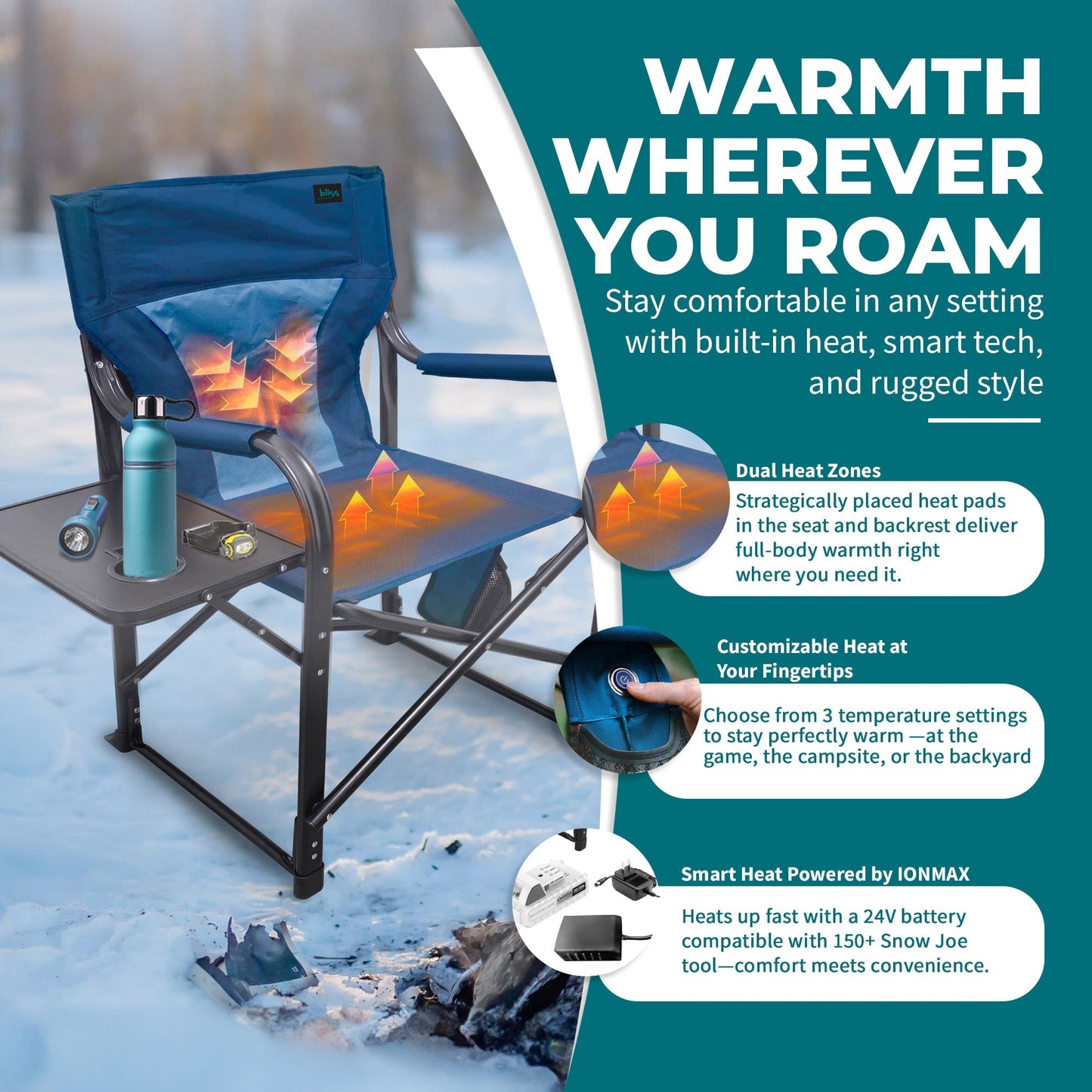 Bliss Hammocks 24V Heated Seat, Folding Chair w/Battery & 3 Heat Settings, Blue