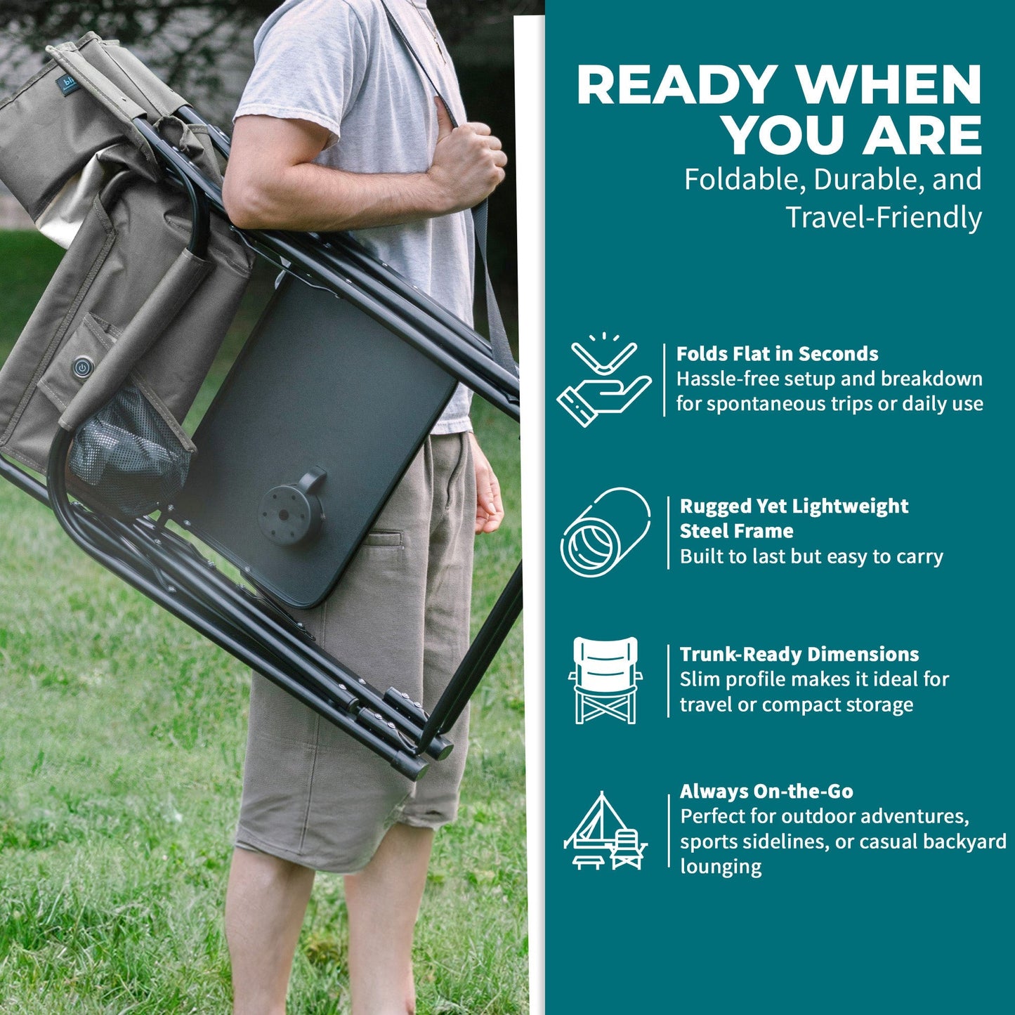 Bliss Hammocks 24V Heated Seat, Folding Chair w/Battery & 3 Heat Settings, Gray