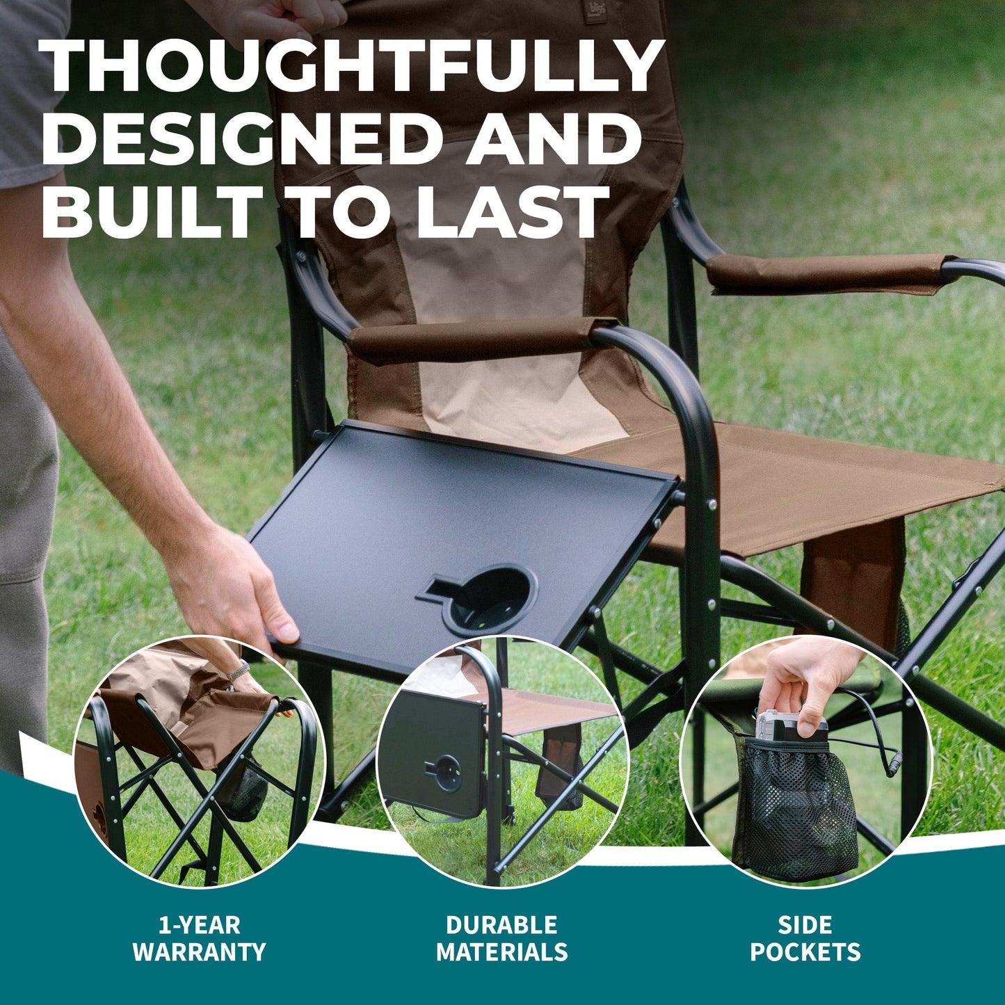 Bliss Hammocks 24V Heated Seat, Folding Chair w/Battery & 3 Heat Settings, Brown