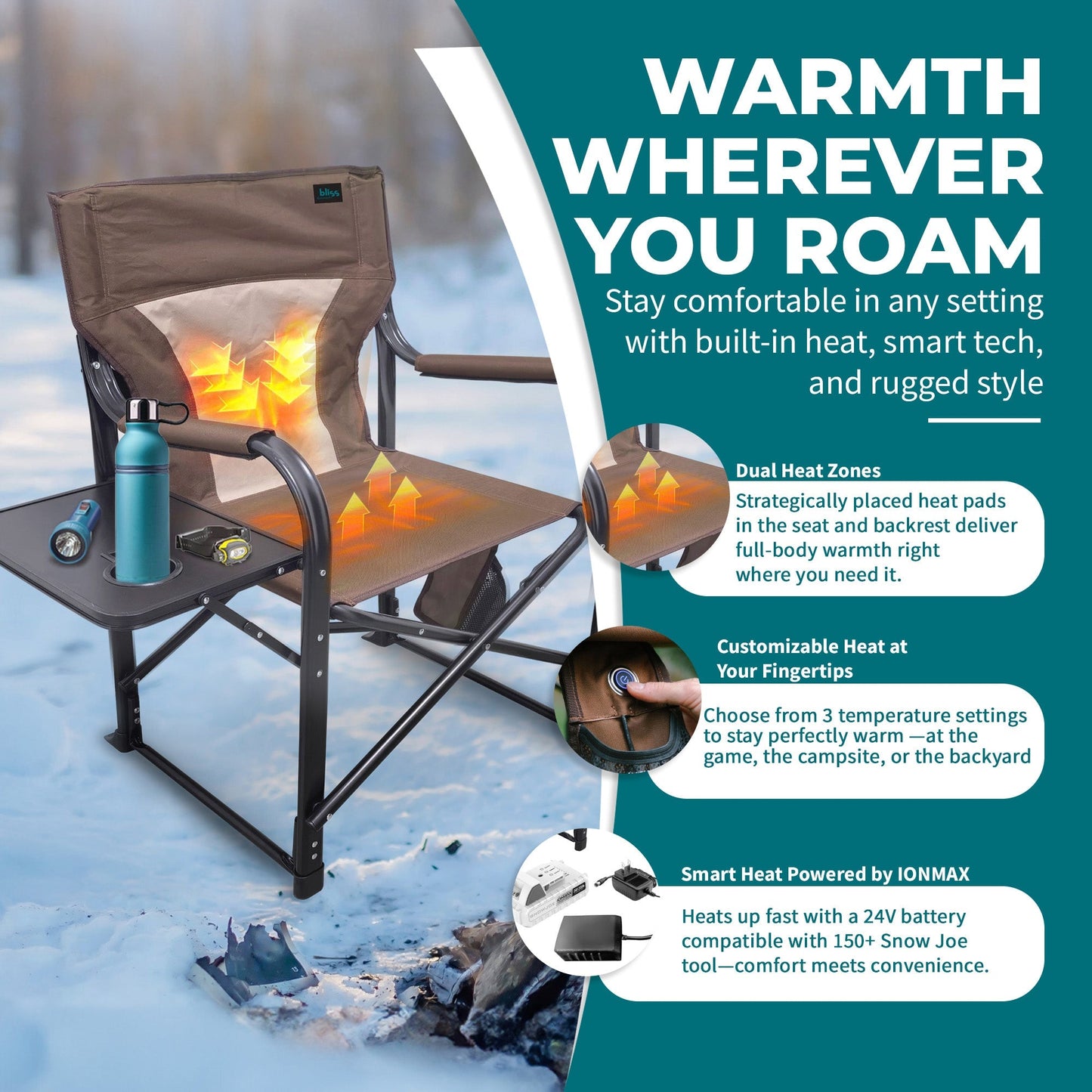 Bliss Hammocks 24V Heated Seat, Folding Chair w/Battery & 3 Heat Settings, Brown