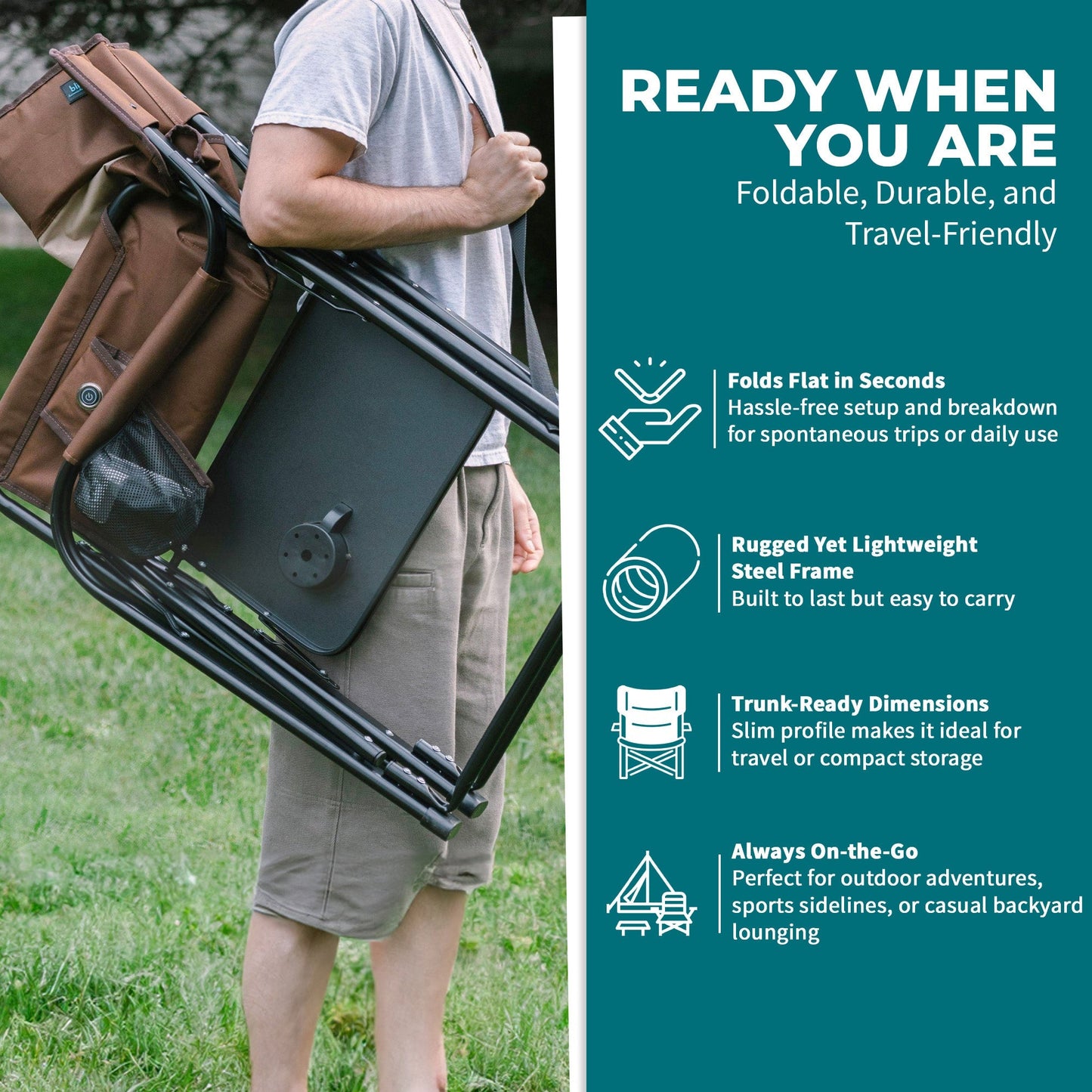 Bliss Hammocks 24V Heated Seat, Folding Chair w/Battery & 3 Heat Settings, Brown