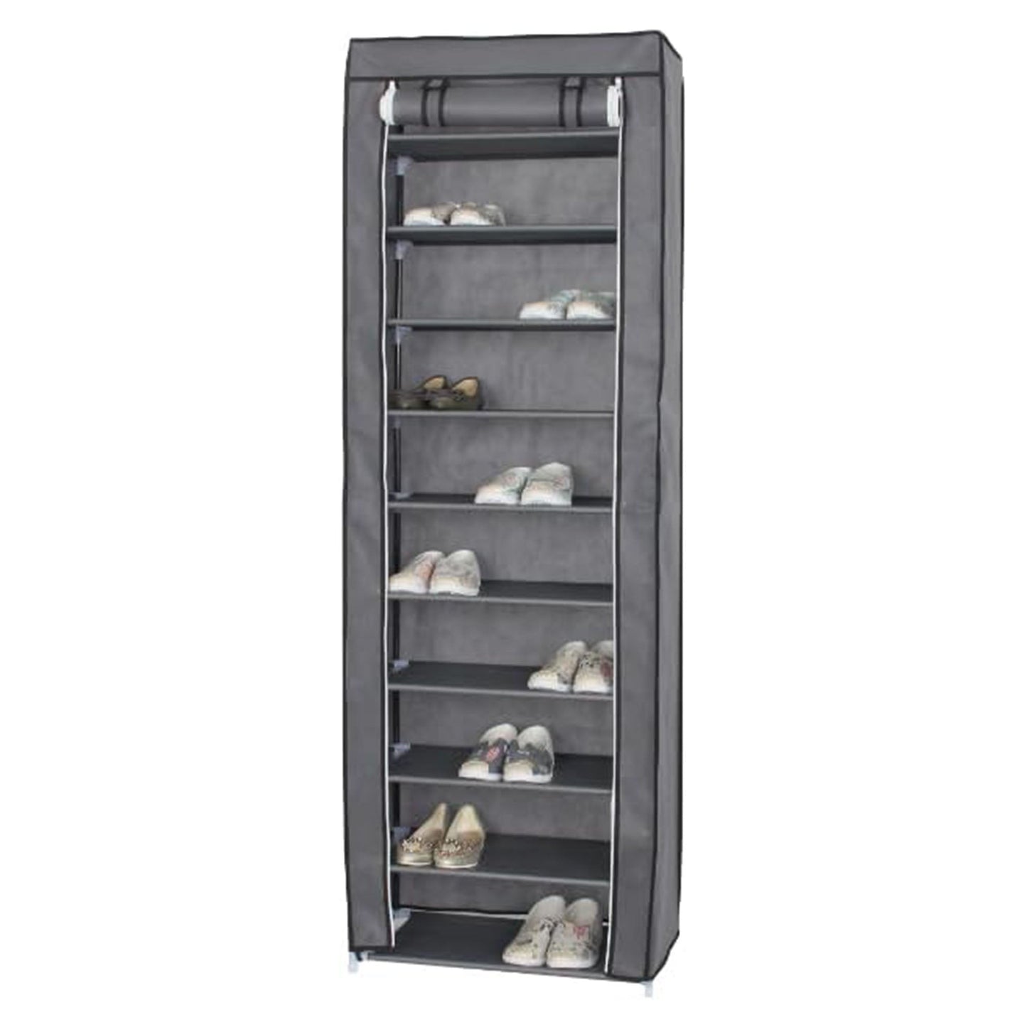 Neat Living Vertical 10 Tier Shoe Organizer Rack, Storage Shelves & Cover, Gray
