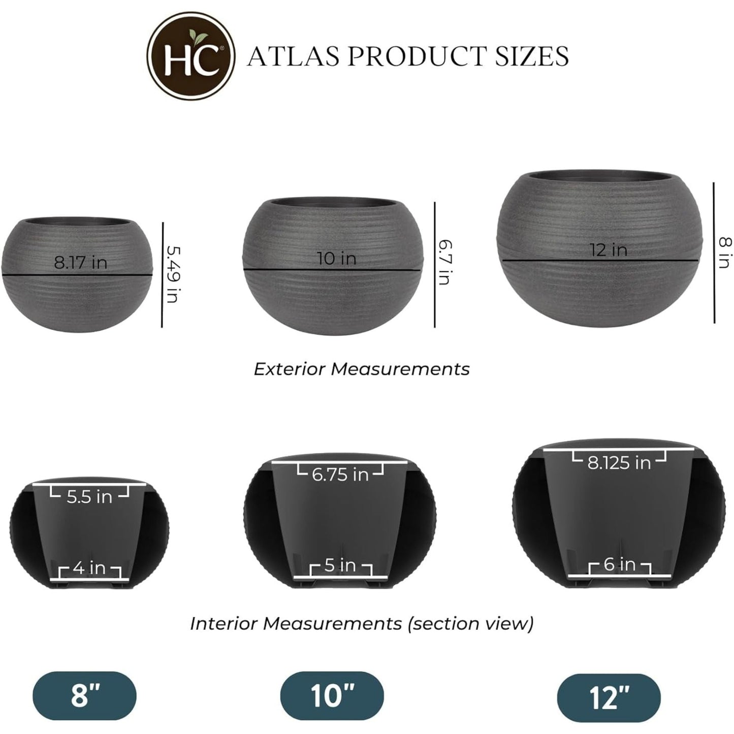 The HC Companies 8 Inch Atlas Sphere Planter, Round Plastic Plant Pot, Gray