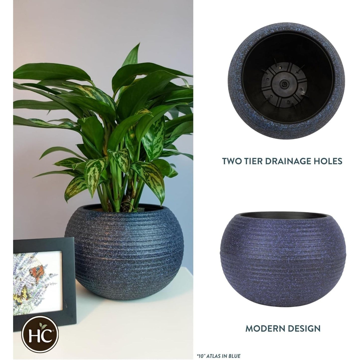 The HC Companies 12 Inch Atlas Sphere Planter, Round Plastic Plant Pot, Blue