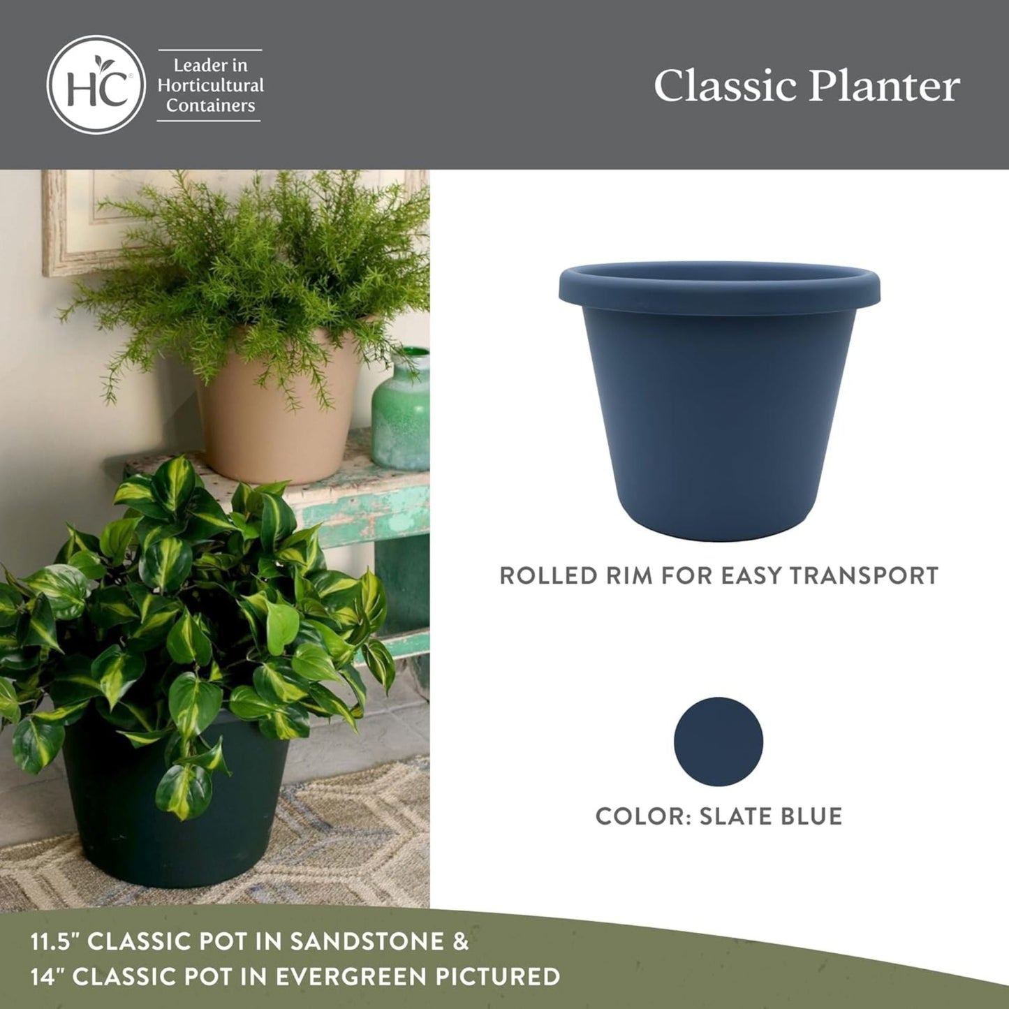 The HC Companies 14 Inch Round Classic Planter, Plastic Plant Pot, Slate Blue