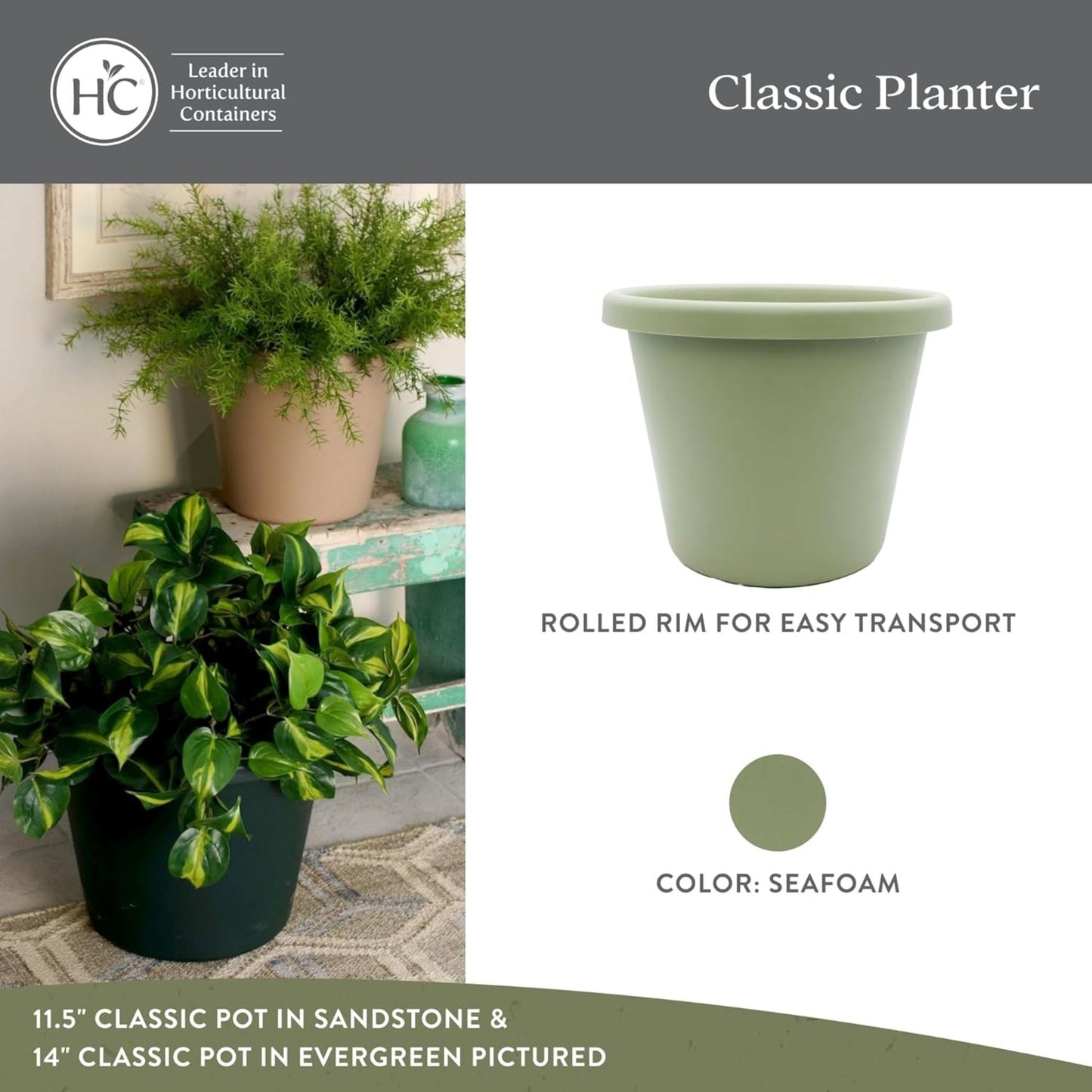 The HC Companies 15.5 Inch Round Classic Planter, Plastic Plant Pot, Seafoam