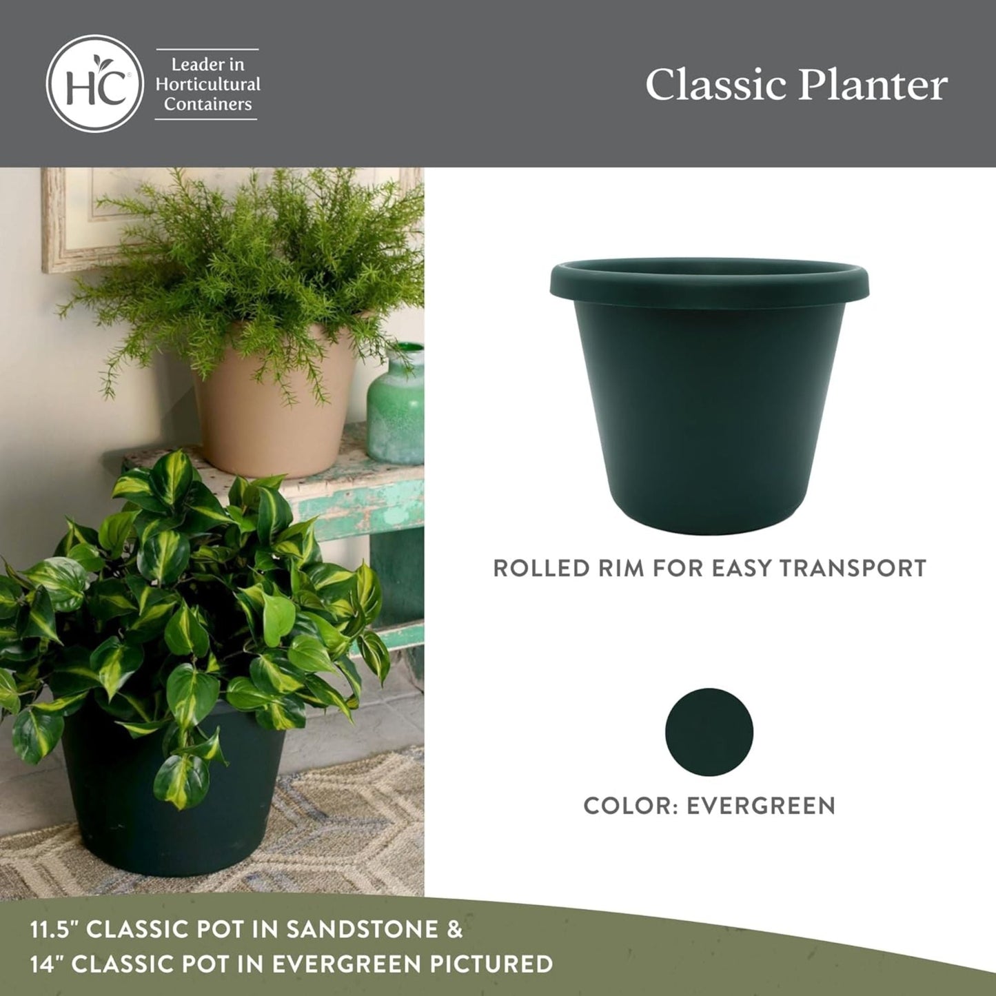 The HC Companies 17 Inch Round Classic Planter, Plastic Plant Pot, Evergreen