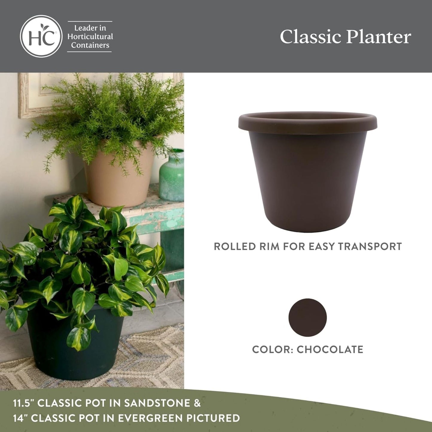 The HC Companies 17 Inch Round Classic Planter, Plastic Plant Pot, Chocolate