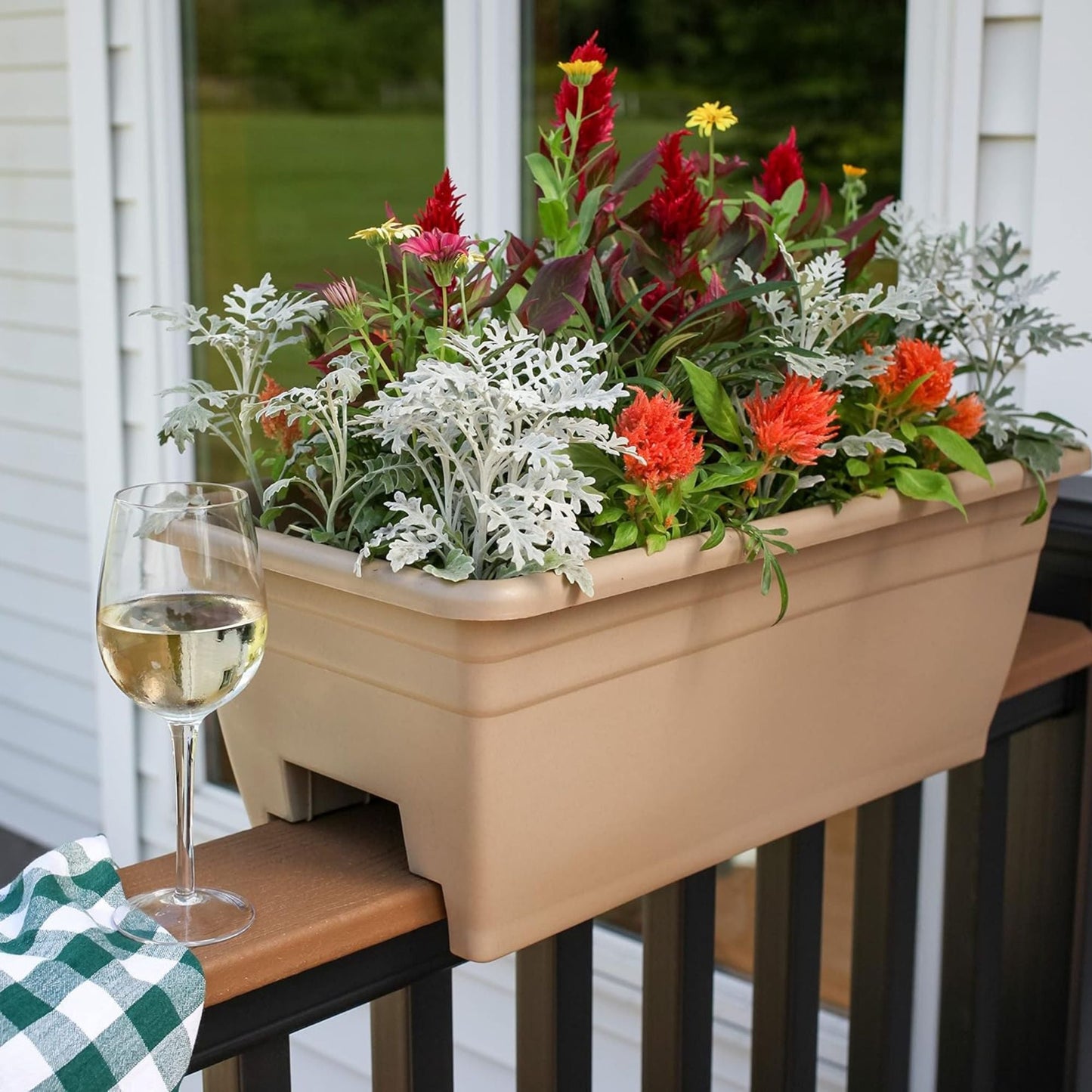 The HC Companies Railing Planter Box with Removable Drain Plugs, 24", Sandstone