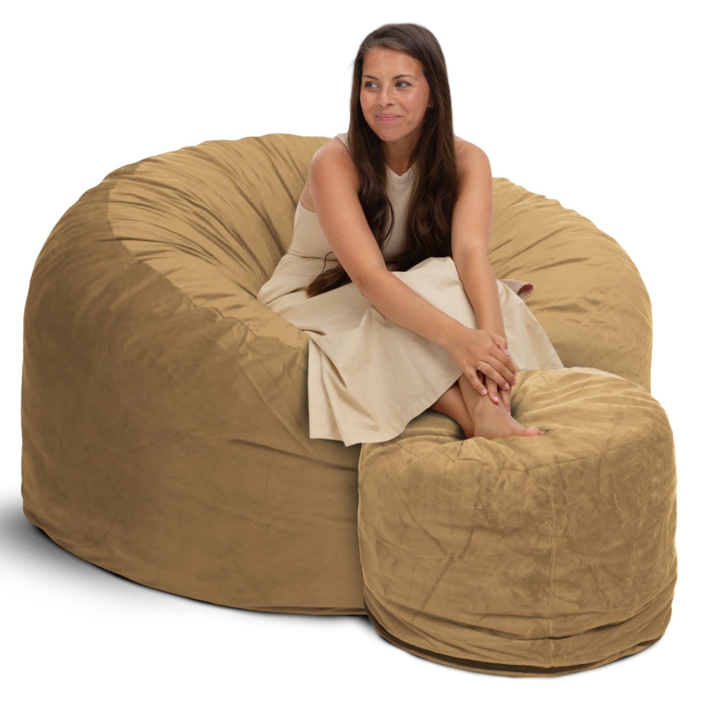 Ultimate Sack 5ft Bean Bag Chair and Footstool, Oversized Lounger, Camel Suede