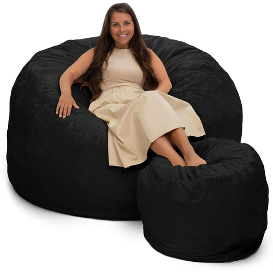 Ultimate Sack 6ft Bean Bag Chair and Footstool, Oversized Lounger, Black Fur