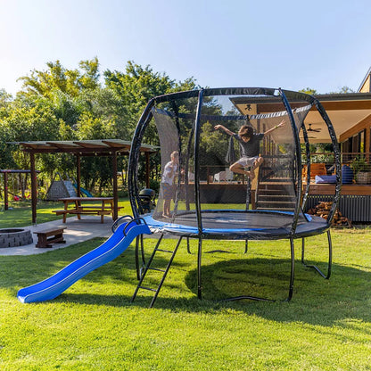 SpaceJump Lunar 8 Foot Trampoline, Outdoor Round Bouncer with Safety Net, Black