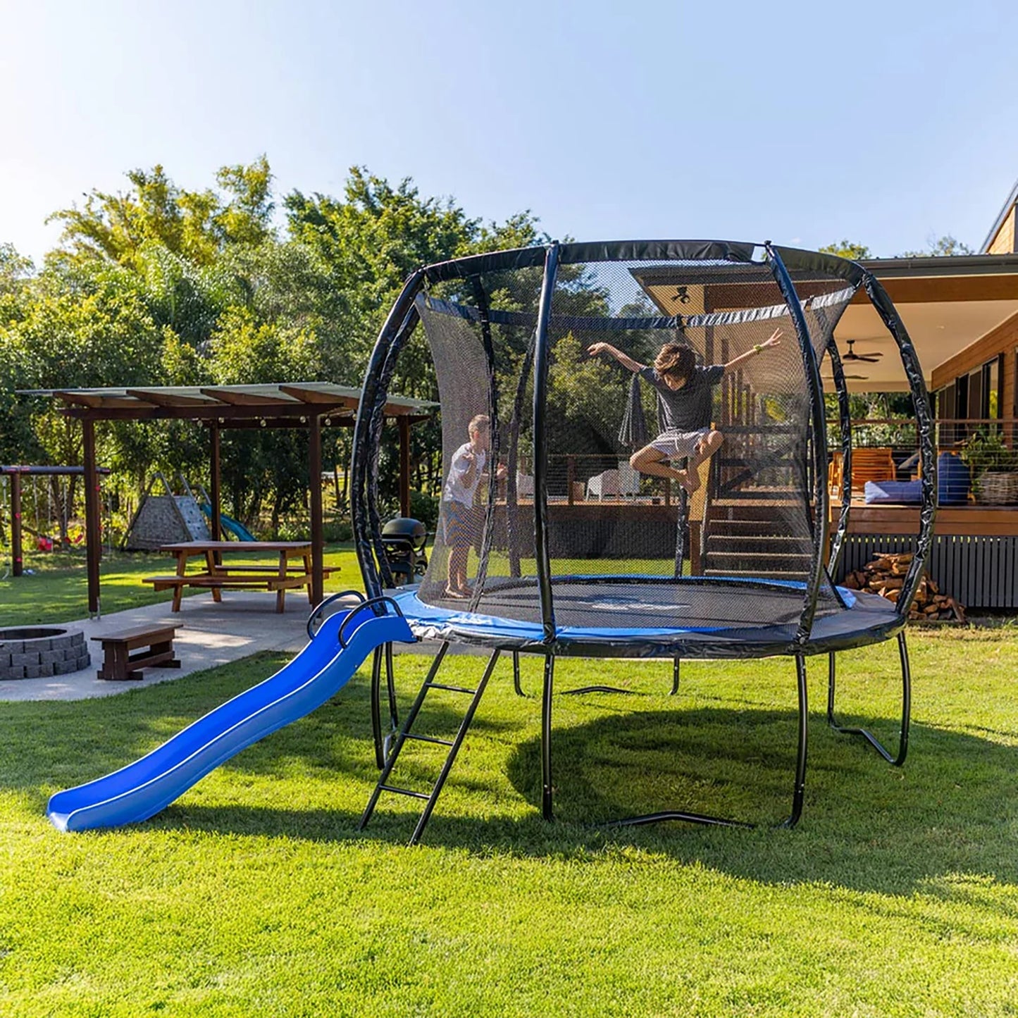 SpaceJump Lunar 10 Foot Trampoline, Outdoor Round Bouncer with Safety Net, Black