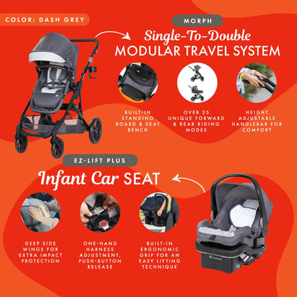Baby Trend Morph Single to Double Modular Travel System and Car Seat, Dash Grey
