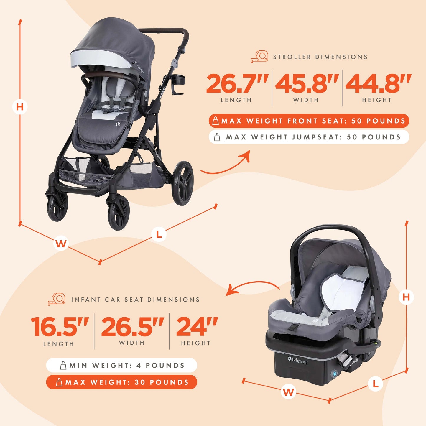 Baby Trend Morph Single to Double Modular Travel System and Car Seat, Dash Grey