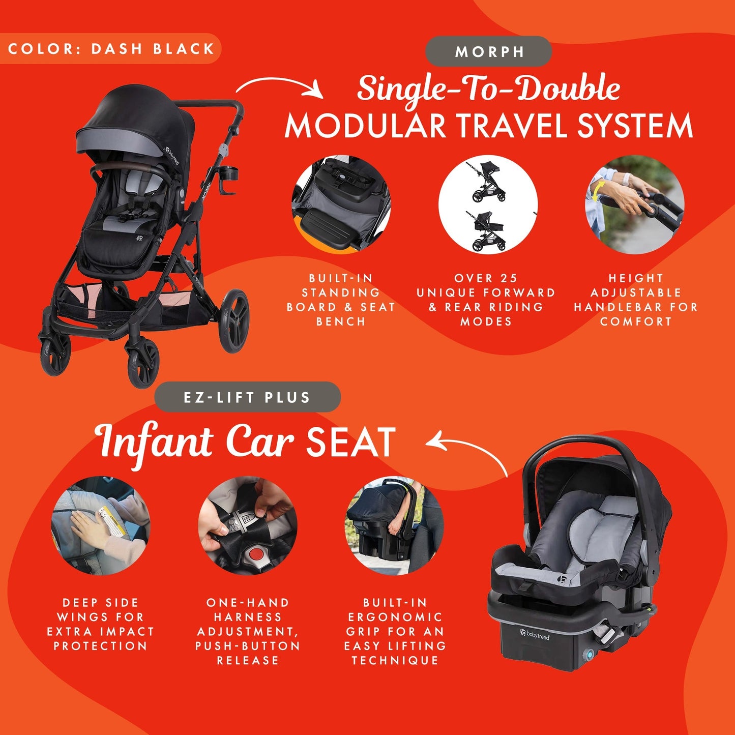 Baby Trend Morph Single to Double Modular Travel System and Car Seat, Dash Black