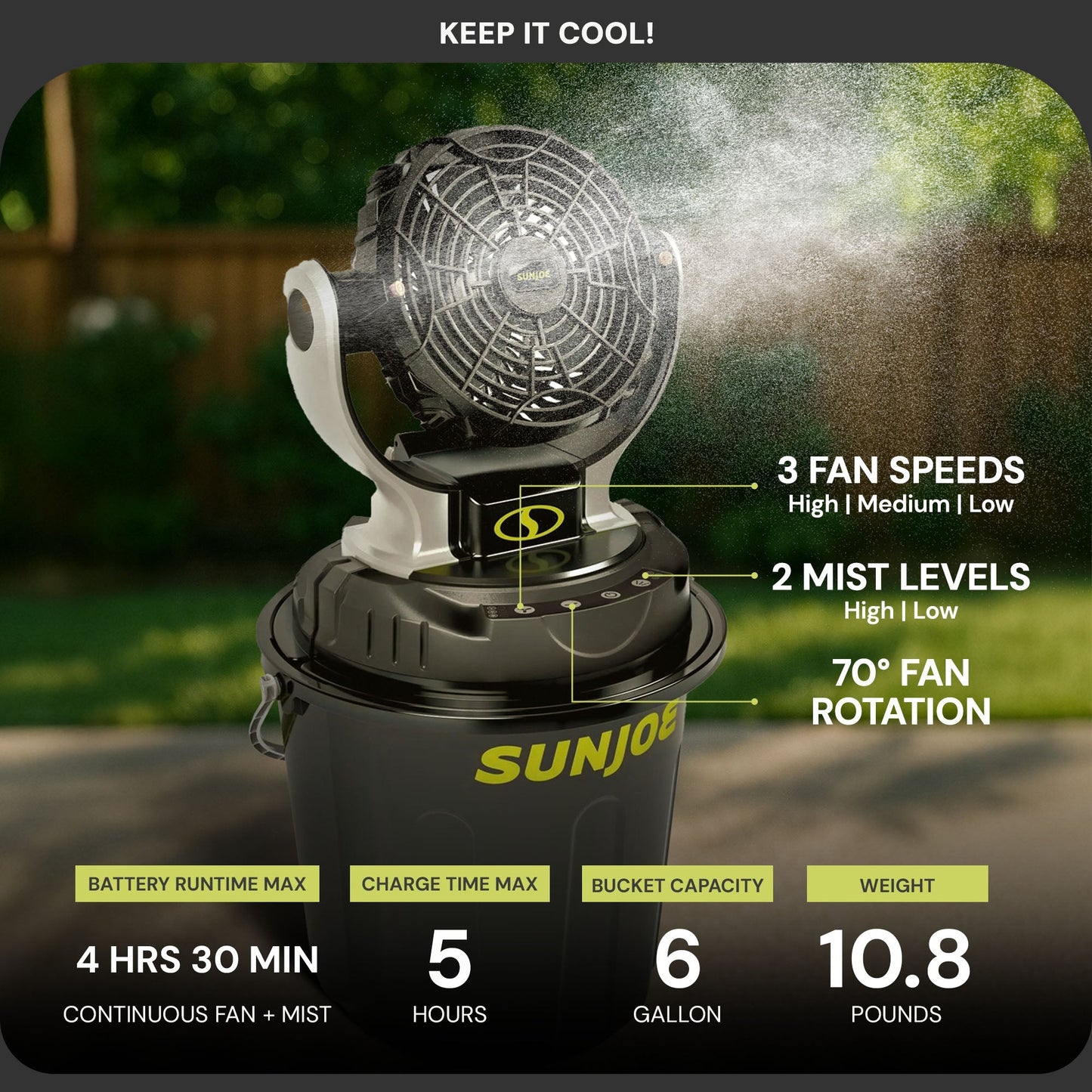 Sun Joe 24V IONMAX Cordless Misting Fan w/ 6 Gal Portable Bucket, 24V-MSTFAN-LTE
