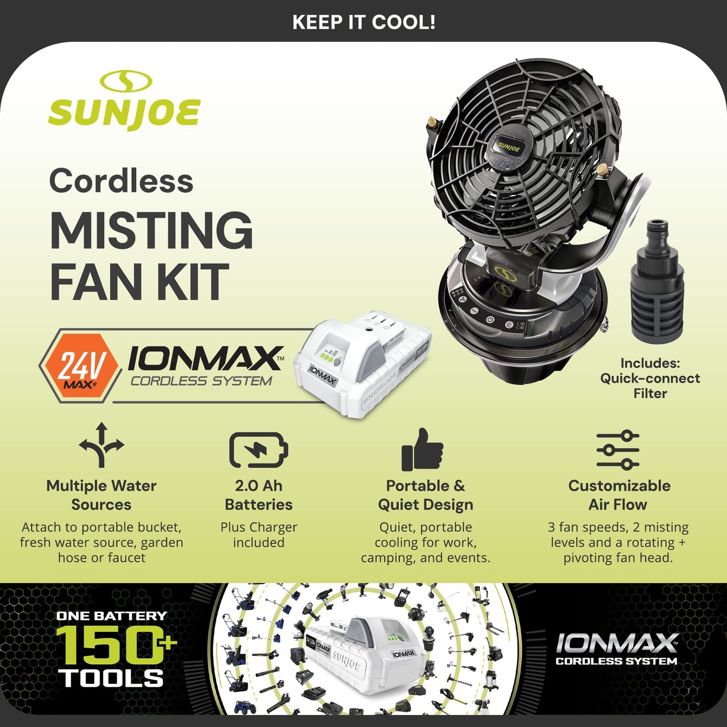 Sun Joe 24V IONMAX Cordless Misting Fan w/ 6 Gal Portable Bucket, 24V-MSTFAN-LTE