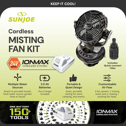 Sun Joe 24V IONMAX Cordless Misting Fan w/ 6 Gal Portable Bucket, 24V-MSTFAN-LTE