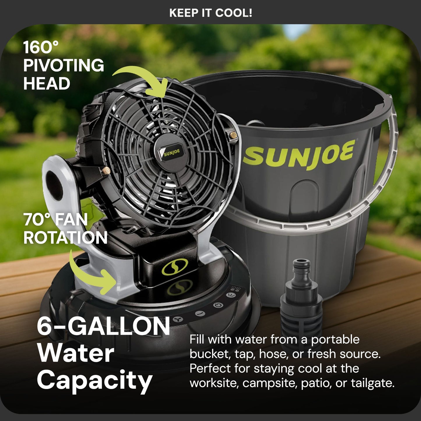 Sun Joe 24V IONMAX Cordless Misting Fan w/ 6 Gal Portable Bucket, 24V-MSTFAN-LTE