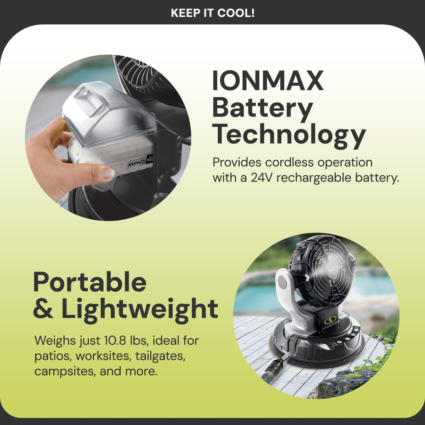 Sun Joe 24V IONMAX Cordless Misting Fan w/ 6 Gal Portable Bucket, 24V-MSTFAN-LTE