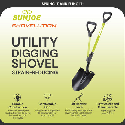 Sun Joe 9“ Digging Shovel, Assist Handle, Shovelution, Black/Green, SJ-SHLV07