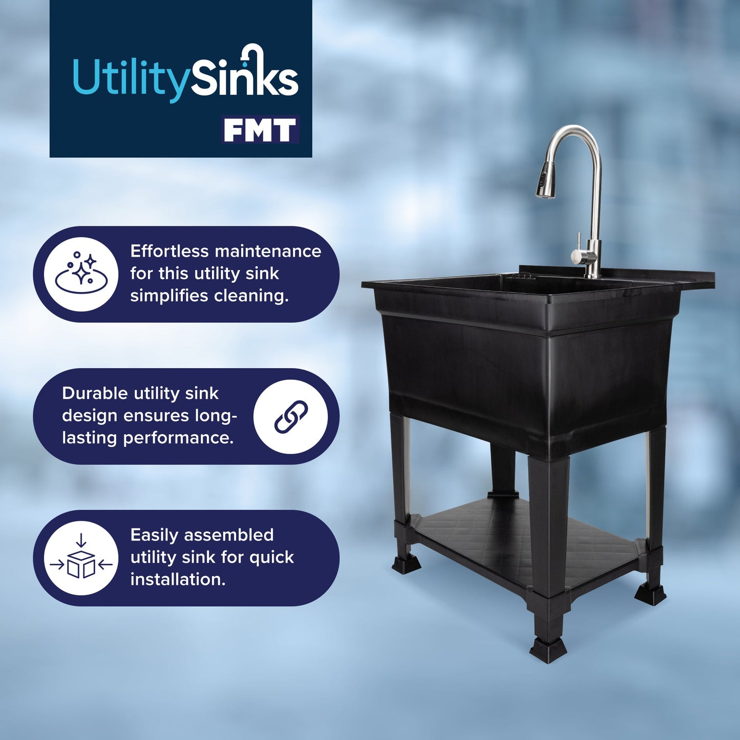 Utility Sink Heavy Duty Freestanding Utility Tub Sink, 30 x 24 Inches, Black