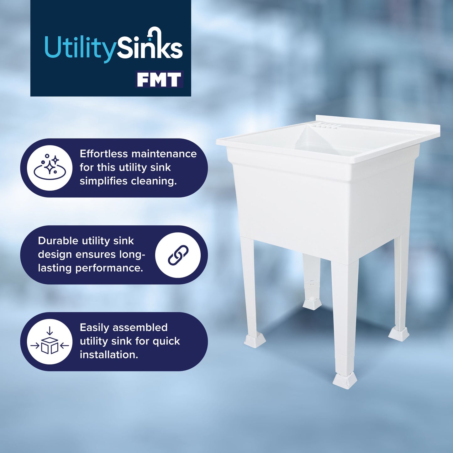 Utility Sink Heavy Duty Freestanding Utility Tub Sink, 24 x 24 Inches, White
