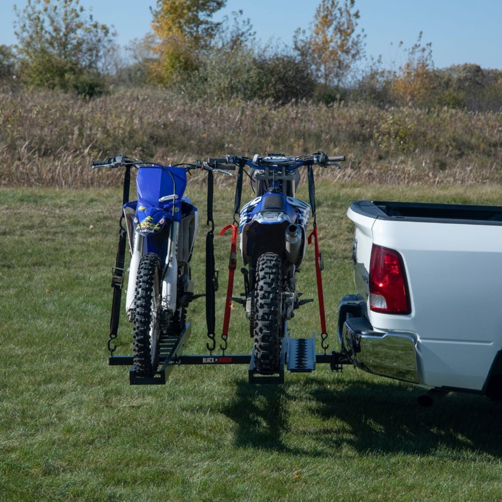 Black Widow Pro Double Dirt Bike Carrier with Ramp for 2" Hitch, 600 lb Capacity - Find Fresh Goods