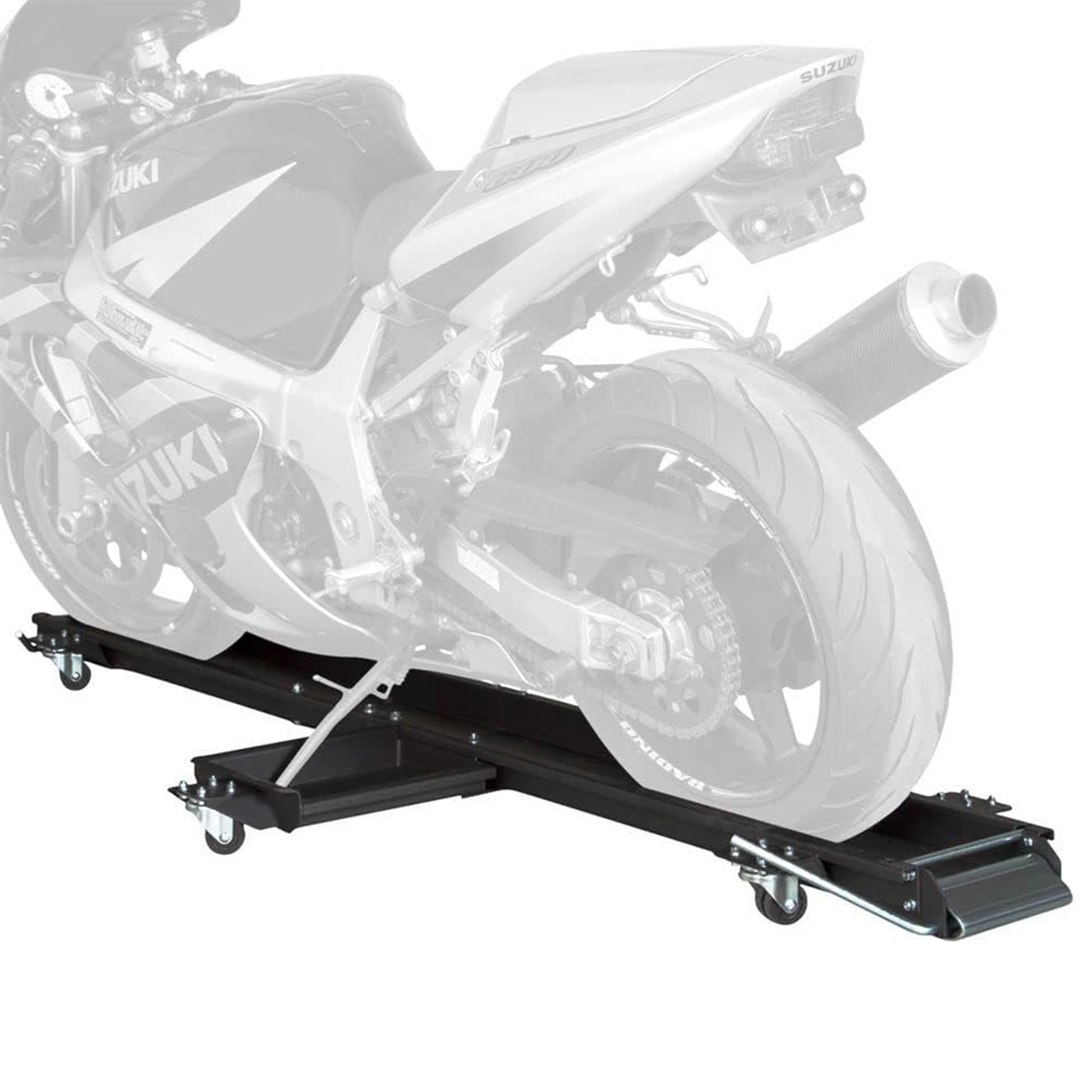 Black Widow Motorcycle Dolly with Front and Rear Gates for Loading and Unloading - Find Fresh Goods