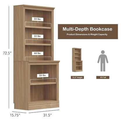 VAUXHILL & CO. Halston Multi-Depth Bookcase, Adjustable Shelving Unit, Oak