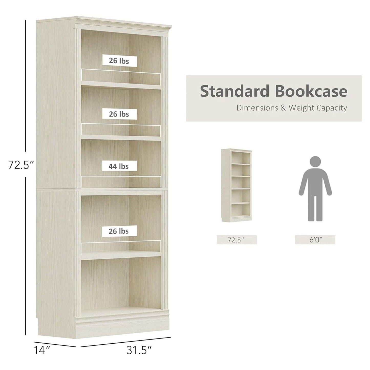 VAUXHILL & CO. Halston Standard Bookcase, Adjustable Shelving Unit, Cream