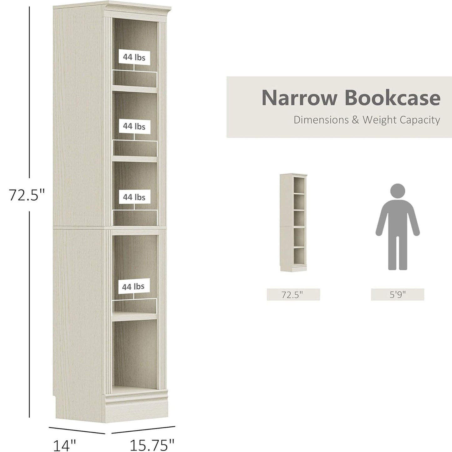 VAUXHILL & CO. Halston Narrow Bookcase, Adjustable Storage Shelving Unit, Cream