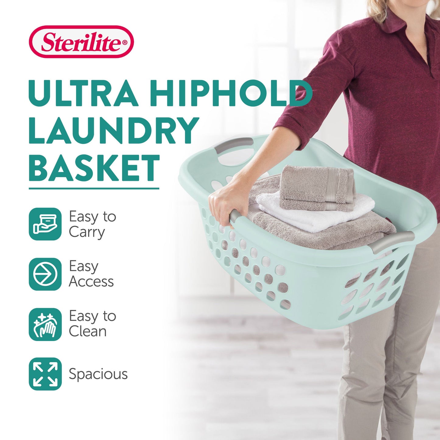 Sterilite 6 Pack Plastic Laundry Basket Ultra HipHold 1.25 Bu Contour Rim, Mint
