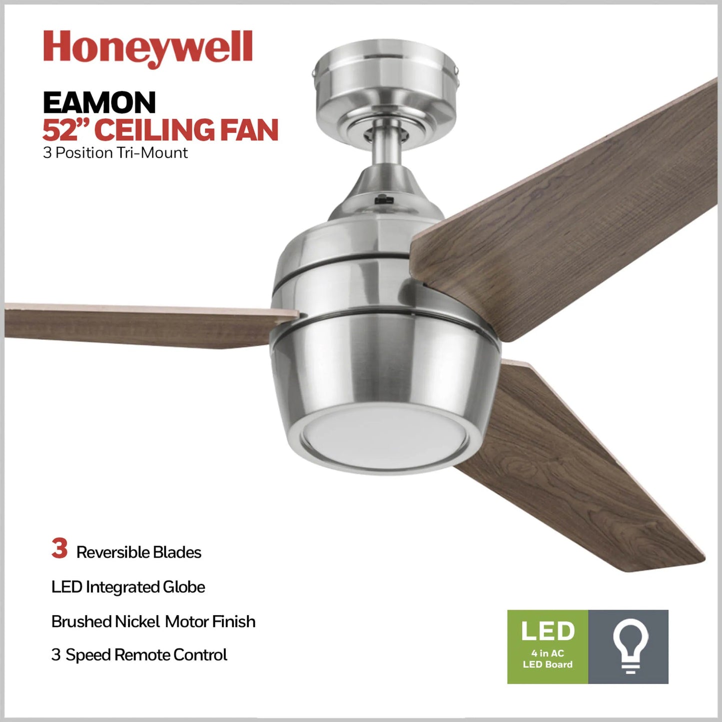Honeywell Eamon Ceiling Fan, Quiet Motor and Remote Control, 52", Brushed Nickel