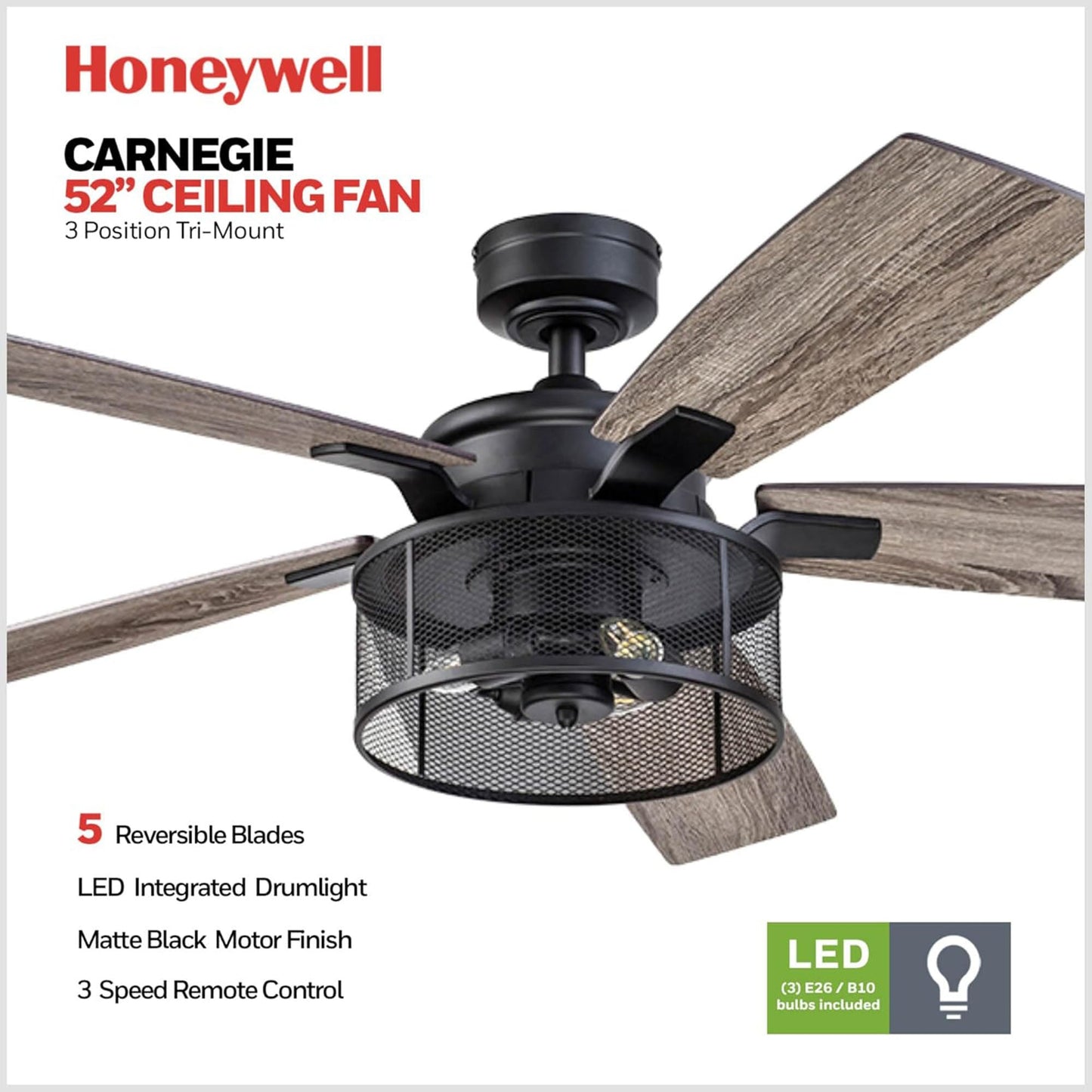 Honeywell Carnegie Ceiling Fan, Quiet Motor and Remote Control, 52", Matte Black