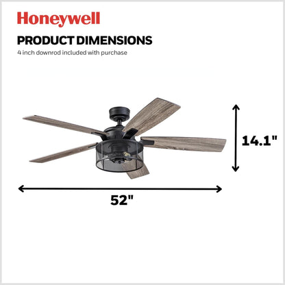 Honeywell Carnegie Ceiling Fan, Quiet Motor and Remote Control, 52", Matte Black