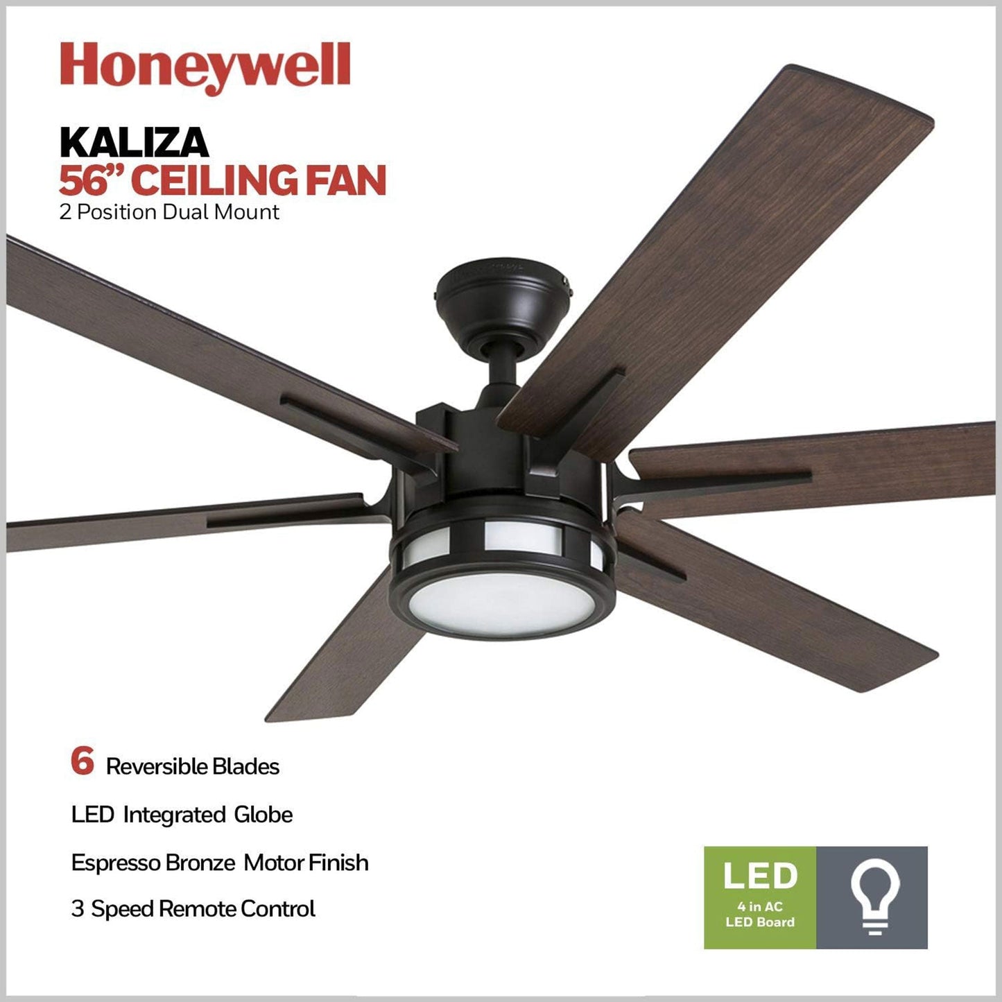 Honeywell Kaliza Ceiling Fan with Quiet Motor and Remote Control, 56", Bronze