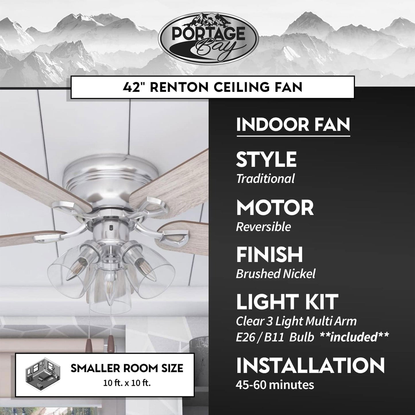 Portage Bay Renton Ceiling Fan, Quiet Reversible Motor, 42 Inch, Brushed Nickel
