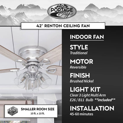 Portage Bay Renton Ceiling Fan, Quiet Reversible Motor, 42 Inch, Brushed Nickel