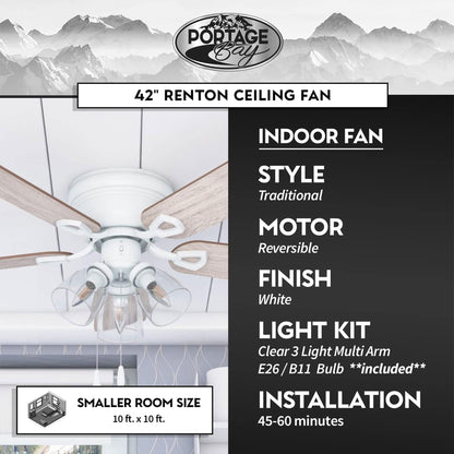 Portage Bay Renton Ceiling Fan with 5 Reversible Blades & Motor, 42", White