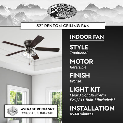 Portage Bay Renton Ceiling Fan with Quiet, Reversible Motor, 52 Inch, Bronze
