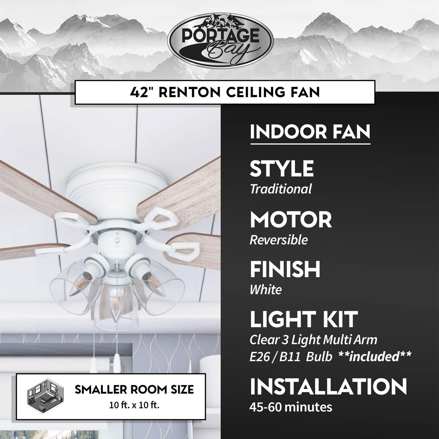 Portage Bay Renton Ceiling Fan with Quiet, Reversible Motor, 52", Brushed Nickel