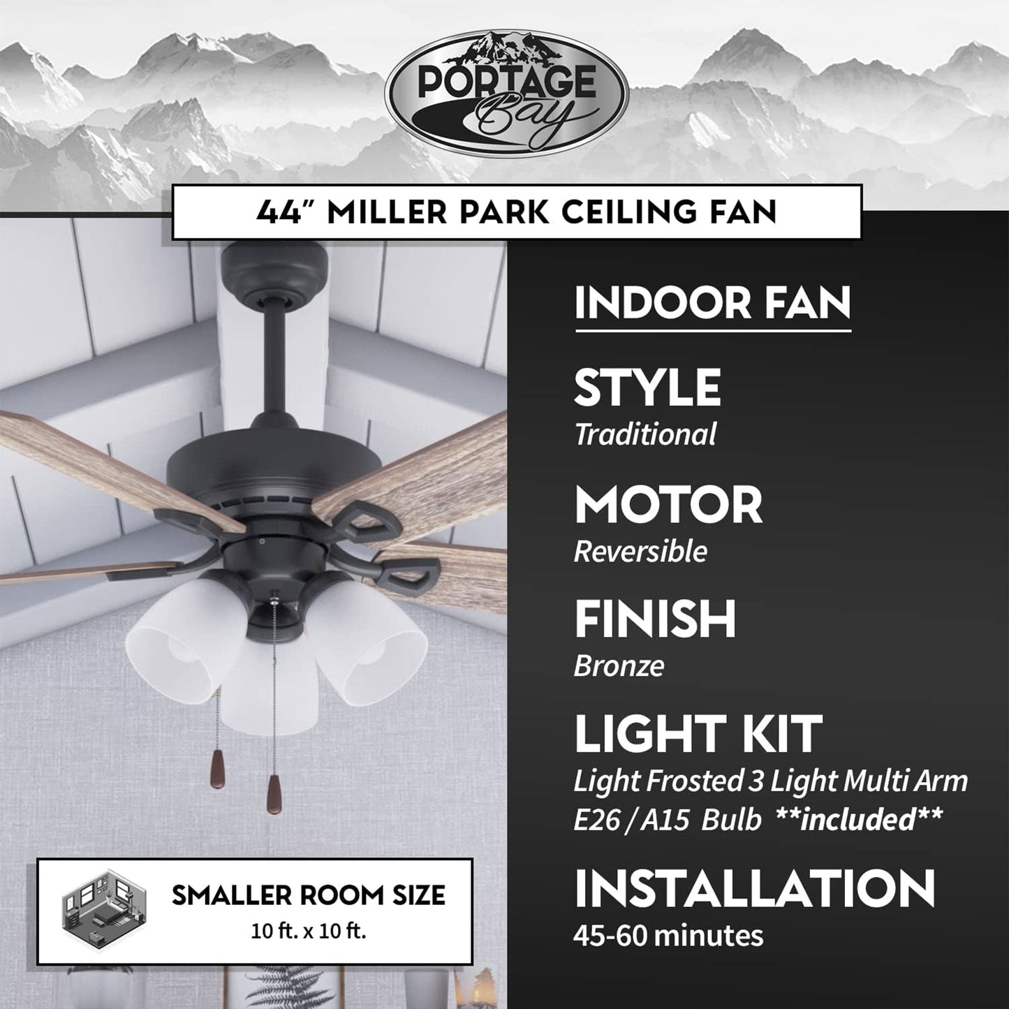 Portage Bay Miller Park Ceiling Fan w/ 5 Reversible Blades & Motor, 44", Bronze