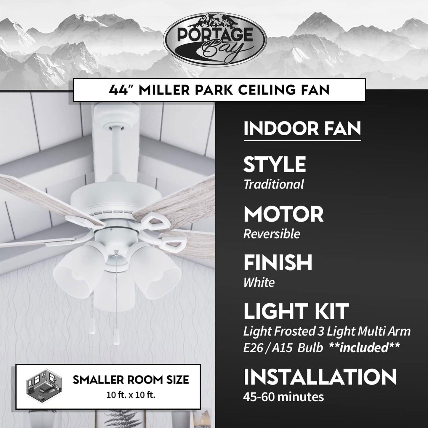 Portage Bay Miller Park Ceiling Fan w/ Reversible Blades, 44", Brushed Nickel