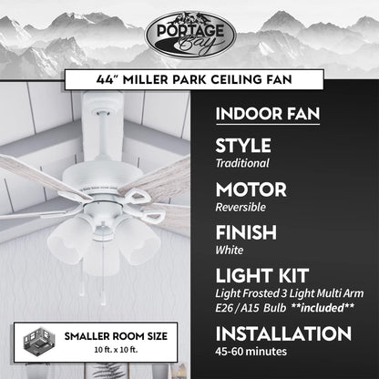 Portage Bay Miller Park Ceiling Fan w/ 5 Reversible Blades & Motor, 44", White