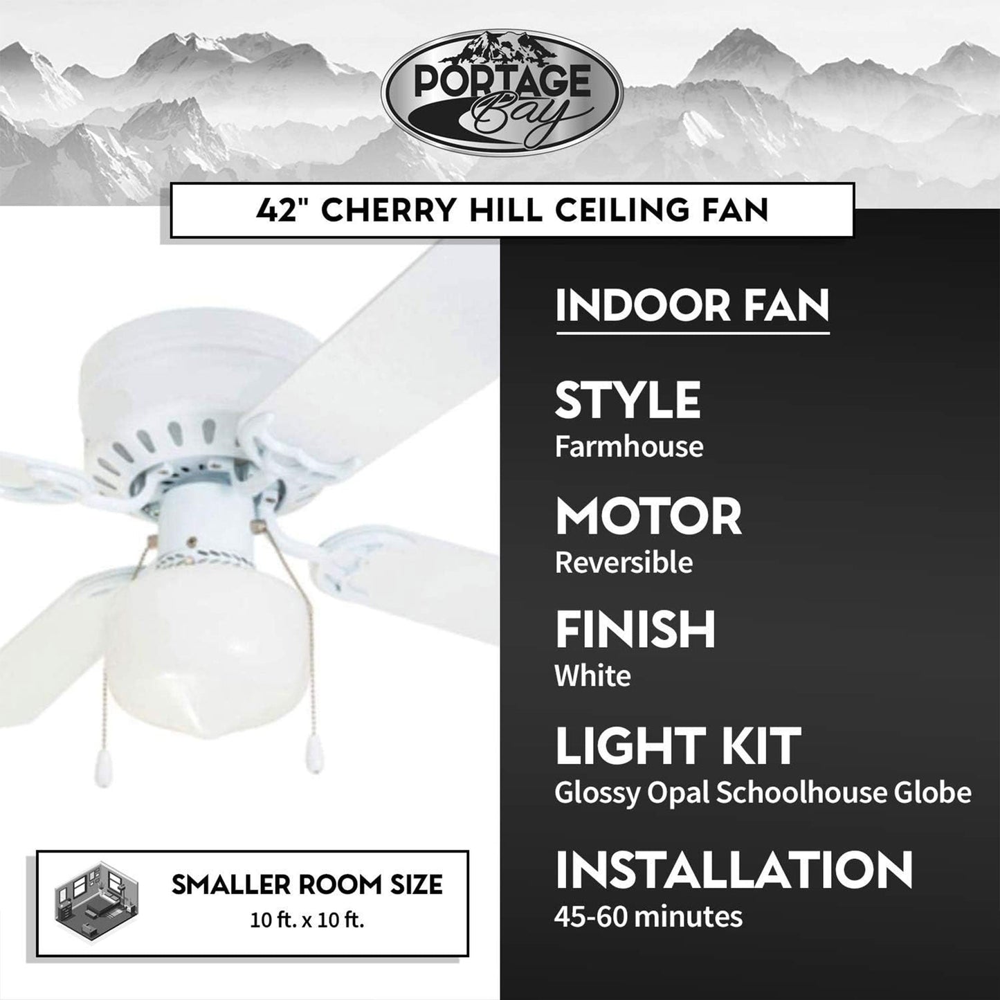 Portage Bay Cherry Hill Ceiling Fan with Quiet, Reversible Motor, 42", White